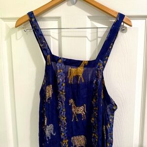 PHOOL Blue Animal Print Dress Adj Straps Wooden buttons safari spring travel